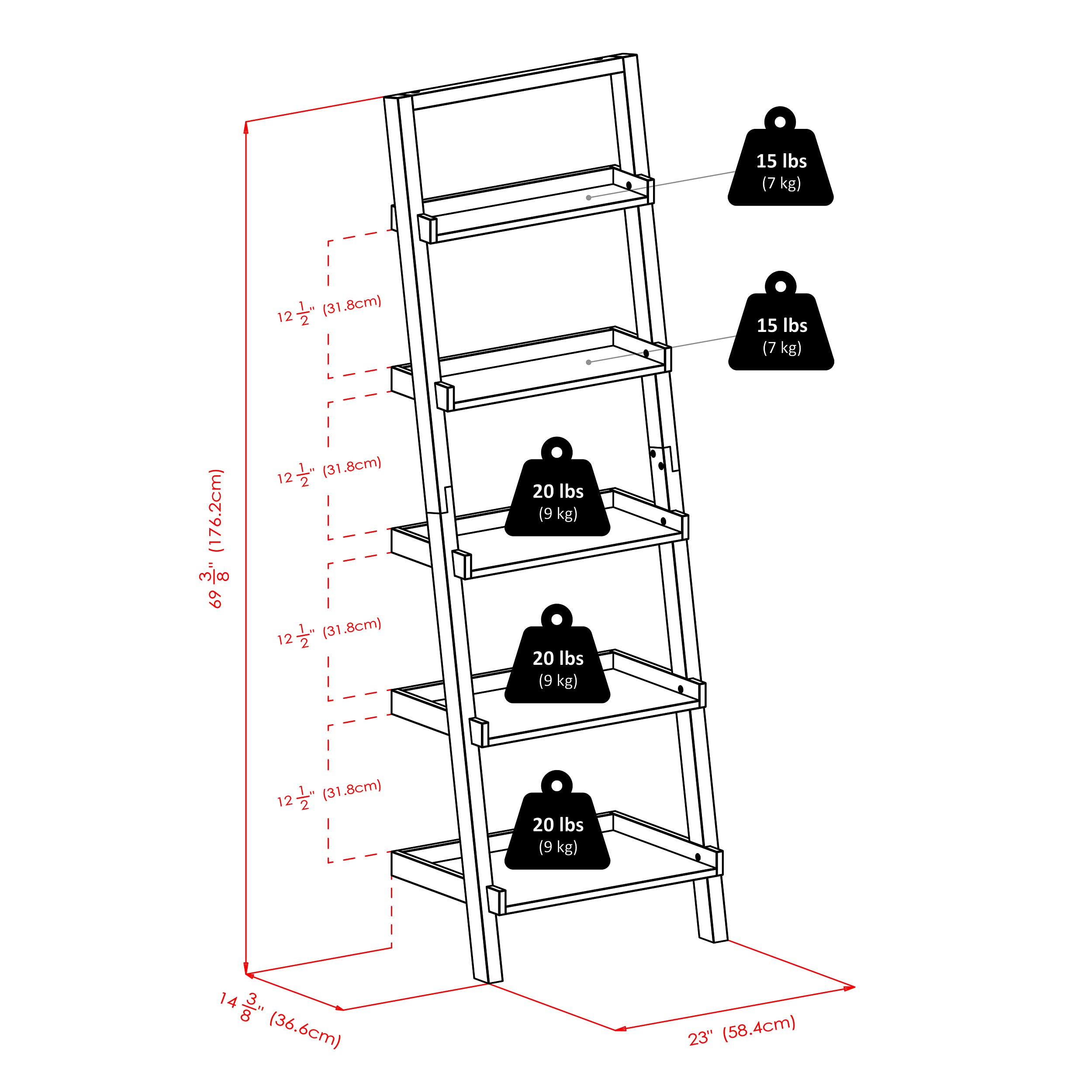 Winsome Bellamy 5-Shelf 69" H Leaning Bookcase, Black (29553) - Image 3