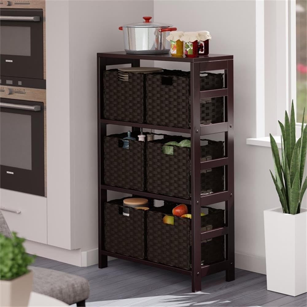 Winsome Leo 3-Tier Wide Storage Shelf with 6 Foldable Woven Baskets, for Living Room, Home Office, Bedroom, Espresso - Image 8